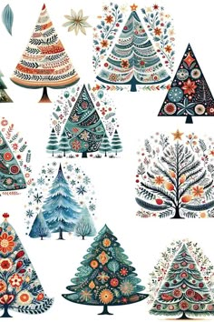 christmas trees with snowflakes and stars are shown in different colors, shapes and sizes