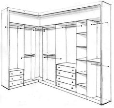 a drawing of a closet with drawers, shelves and cupboards in the middle of it