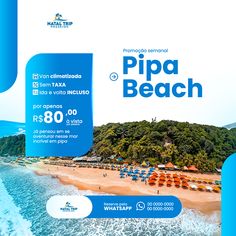 an advertisement for a beach resort with blue water and umbrellas on the beach, surrounded by trees