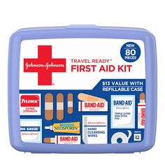 80-piece Johnson & Johnson Travel Ready First Aid Kit for on-the-go first aid wound care outside your home. Available in an easy-to-carry, organized case, this portable wound care kit contains 80 essential first aid items and comes in a convenient size that is ideal for storing in car or luggage. The mini first aid kit contains thirty Band-Aid Brand Flexible Fabric Adhesive Bandages in assorted sizes and twenty-one .75-by-3-inch Band-Aid Brand TRU-STAY Sheer Adhesive Bandages to cover and protect minor cuts and scrapes. Mini First Aid Kit, Emergency First Aid Kit, Emergency First Aid, Packing List For Cruise, Pain Relief Cream, Johnson Johnson, Cleansing Wipes, Wound Care, Aid Kit