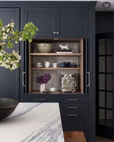 Dark Base Cabinets Light Uppers, Blue Black Cabinets, Midnight Blue Kitchen Cabinets, Kitchen Zones, Studio Dearborn, Built In Coffee Bar, Sarah Robertson