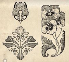 an old fashioned tattoo design with flowers and swirls on the sides, in black ink