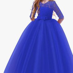 Pretty Flowing Long Dress For Girls Ages 7-8. Fitted Blue Princess Dress With Long Sleeves, Blue Fitted Princess Dress With Long Sleeves, Blue Fitted Long Sleeve Princess Dress, Royal Blue Princess Dress For Dress-up, Blue Long Sleeve Princess Dress For Spring, Little Women Dresses, Girl Silk Dress, Tulle Lace Dress, Lace Dress Blue