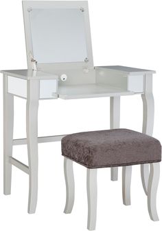 a white dressing table with a mirror and stool