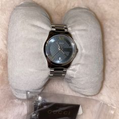 Ordered From Neiman Marcus, New With Tags No Original Gucci Box But Will Send In Another Watch Box. Has Extra Links, Never Worn Before. Price Is Negotiable. 100% Authentic, Make An Offer Or Message For More Pics! Gucci Automatic Round Watches, Gucci Watches With Subdials For Gift, Designer Automatic Watches As Gift, Designer Blue Watches With Diamond Hour Markers, Designer Watches With Subdials As Gifts, Elegant Blue Watch With Date Display, Elegant Blue Watches With Date Display, Gucci Silver Round Watch, Gucci Analog Watch Gift