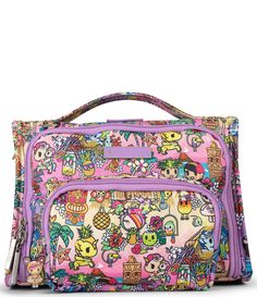 a pink and purple handbag with many cartoon characters on it's front pocket