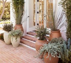 three large planters are sitting on the front steps