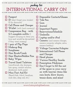 a printable travel checklist for international carry on with the text overlaying it