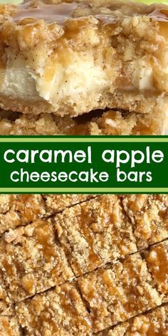 caramel apple cheesecake bars stacked on top of each other with text overlay