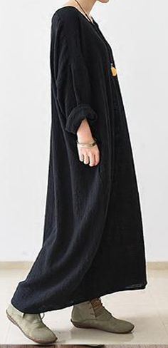 Organic nature Fabric hand made custom Made  Black Long Sleeve Maxi Women Dresses Nature Fabric, Spring Dresses Women, Organic Nature, Summer Linen Dresses, Short Summer Dresses, Summer Linen, Cotton Linen Fabric, Loose Style, Women Maxi