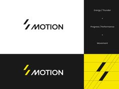 the logo for motion is shown in three different colors and shapes, including black, yellow, and white