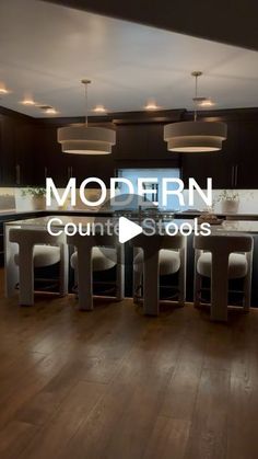 modern country stools in a kitchen with wood flooring and dark cabinets, along with the words modern country stools