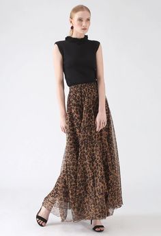 Leopard Watercolor Maxi Skirt in Brown - Retro, Indie and Unique Fashion Maxi Skirt Ideas, Ruffles Outfit, Maxi Skirt High Waisted, Pattern Maxi Skirt, High Waisted Dress, Leopard Watercolor, Flare Maxi Skirt, Tulle Maxi Skirt, Chiffon Maxi Skirt