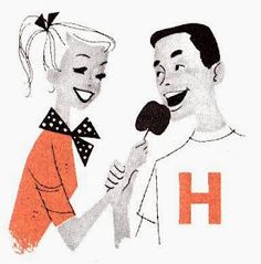 a drawing of a man and woman holding a microphone with the letter h on it