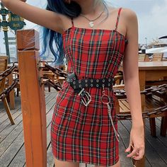 Chic Tartan Checker Red Plaid Slip Dress Sleeveless Plaid Dress, Red Checkered Outfit, Checkered Dress Outfit, Alt Dress, Plaid Slip Dress, Illustration Poses, Checkered Outfit, Channel Outfits, Fashion Illustration Poses