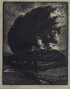 a black and white drawing of a tree on a hill with clouds in the background