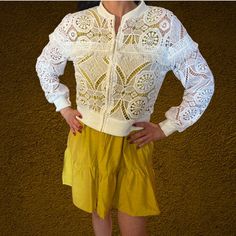 You Will Love This Casual, Patterned Fringed Jacket. Great Jacket For Spring And Summer! 1 Small, 1 Medium, 1 Large Available. - 100% Polyester - Zipper Closure - Round Neck White Long Sleeve Outerwear With Lace Trim, Casual White Outerwear With Lace Trim, White Lace Trim Outerwear For Fall, Cream Outerwear With Lace Trim For Spring, Fringed Jacket, Jacket For Spring, Lace Jacket, Fringe Jacket, Round Neck