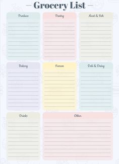 the grocery list is shown in pastel colors