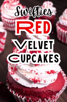 red velvet cupcakes with white frosting and sprinkles