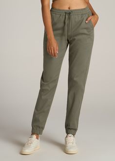 American-Tall-Women-Twill-Jogger-Pant-Olive-front Loosely Fitted Pull-on Style Sweatpants, High Waist Cotton Pants With Comfort Waistband, Cotton Pull-on Joggers, Cotton Pull-on Style Joggers, Casual Mid-rise Pants With Elastic Waistband, Mid-rise Pants With Elastic Waistband, Fall Sweatpants With Loosely Fitted Hips, Straight Leg Pants With Hip Pockets, Casual Mid-rise Cotton Joggers