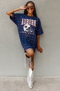 AUBURN TIGERS GAME CHANGING ALL-OVER RHINESTONE SHORT SLEEVE T-SHIRT DRESS Game Day T-shirt In Team Colors With Short Sleeves, Trendy Game Day T-shirt With Short Sleeves, Team-colored Short Sleeve T-shirt For Game Day, Purple Cotton T-shirt For Game Day, Game Day University Logo Short Sleeve T-shirt, Game Change, Dresses Xxl, Auburn Tigers, Ribbed Neckline