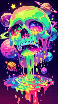 a colorful skull with planets in the background