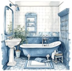 a blue and white bathroom with a claw foot tub