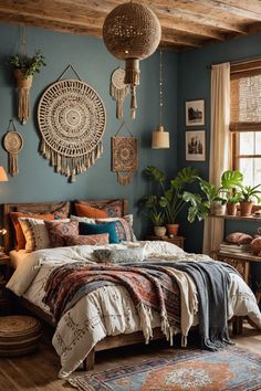 a bedroom with blue walls and wooden floors, decorated in native style decorations on the wall