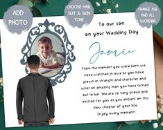 a card with an image of a young boy on it and the words, to our son on your wedding day