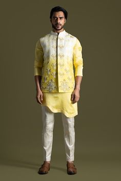 Cream to yellow shaded linen satin nehru jacket with french knots and multi-colored thread embroidery. - Aza Fashions Luxury Cream Nehru Jacket For Formal Occasions, Luxury Cream Raw Silk Nehru Jacket, Spring Silk Bandhgala With Zari Work, Designer Yellow Nehru Jacket With Zari Work, Silk Nehru Jacket For Spring Festivals, Silk Nehru Jacket For Festive Spring Occasions, Yellow Nehru Jacket For Spring Festivals, Yellow Nehru Jacket For Festive Spring Occasions, Festive Yellow Nehru Jacket For Spring