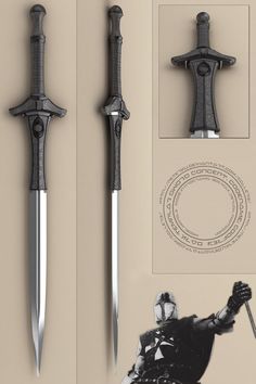 an image of two swords on display in front of a wall with pictures and instructions