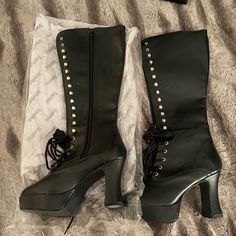 These Have Been Sitting In My Closet Forever. I Never Had Occasion To Wear Them. No Wear, No Flaws. Size 10. They Lace Up But Also Have Full Zip Down The Inside. Calf High Platform Boots, Shoe Brands, Size 10, Lace Up, Brand New, Women Shoes, Boots, Lace, 10 Things