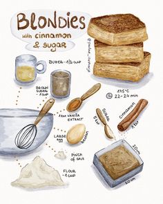 the ingredients to make blondies are shown in this watercolor and ink painting illustration