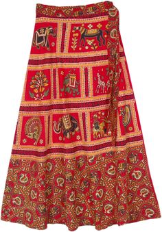 A bright red stunning wrap-around skirt featuring decorative floral and animal patterns.  This traditional patterned skirt is the perfect outfit to make you look unique with its backdrop of bright red with Indian style motifs in multicolor. #tlb #WrapAroundSkirt #Printed #Indian #BohemianWrap #IndianWrapSkirt Traditional Multicolor Long Wrap Skirt, Traditional Red Cotton Skirt, Traditional Red Festive Skirt, Festive Red Traditional Skirt, Traditional Red Skirt With Patterns, Traditional Red Skirt With Traditional Patterns, Indian Wrap Skirt, Red Long Skirt, Pretty Pants