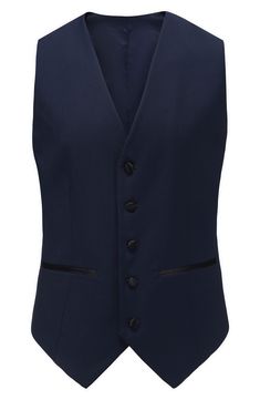 Bring understated elegance to the table in this three-piece tuxedo crafted from rich fabric in a classic single-breasted silhouette. Jacket has shawl collar; chest welt pocket; front welt pockets Vest has front button closure; V-neck Pants have zip fly with button closure; front slant pockets; back button-welt pockets Jacket and vest are lined; trousers are lined to the knee 65% polyester, 35% viscose Dry clean Imported Each suit has a 6” drop, meaning that a size 38R jacket is paired with size Elegant Semi-formal Vest With Hidden Button Closure, Elegant Semi-formal Vest, Elegant Fitted Formal Vest, Elegant Fitted Vest For Formal Occasions, Elegant Tailored Vest For Party, Fitted Sets With Hidden Button Closure For Semi-formal Occasions, Navy Tuxedo Style Three-piece Suit For Formal Occasions, Navy Tuxedo For Formal Occasions, Navy Three-piece Tuxedo For Formal Occasions