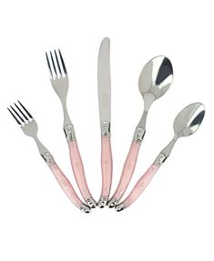 six forks and five spoons with pink handles