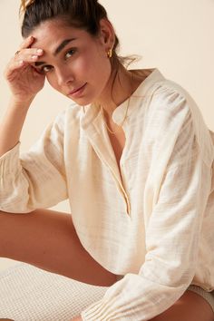 A feminine and flowy oversized blouse made from 100% cotton with subtle jacquard texture. Super soft and versatile. 100% Cotton.Delicate Wash or Dry CleanMade in PortugalAvailable in One SizeComfortably fits XS-LLength 53”Chest 17” Oversized Blouse, Linen Pants, Slow Fashion, The Story, Salt, Texture