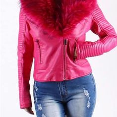 Beautiful Faux Fur Jackets Fitted Pink Leather Jacket For Winter, Fitted Pink Biker Jacket For Winter, Pink Leather Jacket For Winter, Fitted Spring Outerwear With Faux Fur Lining, Fitted Leather Jacket With Faux Fur Lining For Spring, Fitted Pink Outerwear With Faux Fur Trim, Fitted Leather Jacket With Faux Fur Trim For Spring, Fur Jackets, Bomber Jackets