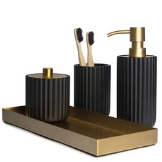 PRICES MAY VARY. Nullify Handcrafted from Finely Sculpted Resin & Stainless Steel - Our 4 piece bathroom decor sets accessories are designed to add a uniquely modern traditional appeal and infuse effortless style into your space design. Exceptional Quality & Style - Our Black & Gold Collection feature a ribbed texture with antique brass accents. Made with high-quality resin and rust-proof stainless steel, our collection is durable and long-lasting. The pump of the soap dispenser is sturdy and ea White Bathroom Accessories Set, Black Bathroom Accessories Set, Matte Black Bathroom Accessories, 4 Piece Bathroom, Soap Dispenser Set, Gray Bathroom Accessories, White Bathroom Accessories, Gold Bathroom Accessories