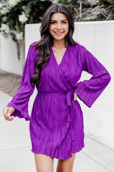 Through The Night Purple Plisse Mini Wrap Dress FINAL SALE Mini Wrap, Mini Dress Fashion, Tie Wrap, Style Maxi Dress, Mini Wrap Dress, Evening Attire, Solid Dress, Flowing Maxi Dress, Glamorous Evening Gowns