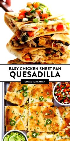 chicken sheet pan quesadilla with salsa and guacamole on the side