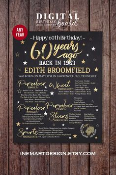 custom 60th chalkboard gold birthday poster back in 1963 60th Birthday Poster, Chalkboard Birthday, 95 Birthday, 85th Birthday, 55th Birthday, Sports Highlights, 45th Birthday, 35th Birthday, 75th Birthday