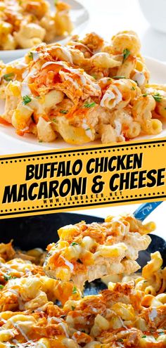 buffalo chicken macaroni and cheese casserole in a skillet with the words buffalo chicken macaroni and cheese on it