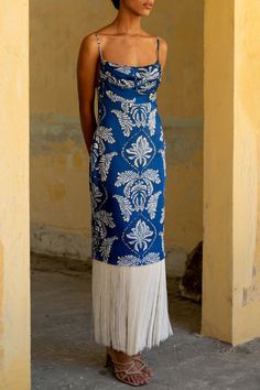 Andres Otalora mar caribe dress in cobalt/ivory. Twill/Polyester Dry Clean Made in Colombia Island Wedding Guest Dress, Cuban Dress, Cuban Outfit, Desert Dress, Pre Fall Collection, Island Wedding, Chic Dress, Dressed Down, Moda Operandi