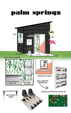 the diagram shows how to use palm springs in this home decorating project, including furniture and accessories