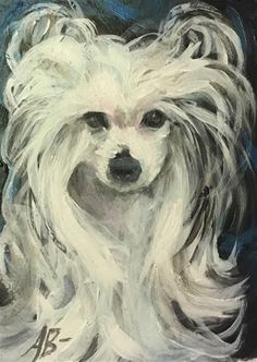 a painting of a white dog with long hair and chinese characters on it's face