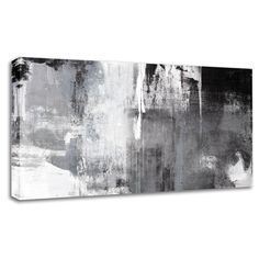 an abstract painting on canvas with black and white paint strokes in grey tones, including one large piece of art