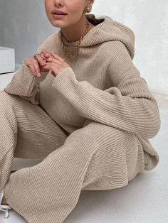 Loose Solid Color Round-Neck Hooded Long Sleeves Sweater Top + Drawstring Pants Bottom Two Pieces Set WHITE-L Rounded Wardrobe, Sweat Suits Women, Knit Two Piece Set, Wide Leg Pant Suit, Sport Sweater, Traje Casual, Sweatshirt Set, Sports Sweatshirts, Knit Hoodie