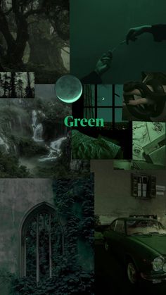 a collage of green and black images