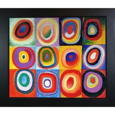 an abstract painting in gold frame with various colors and shapes on the outside of it